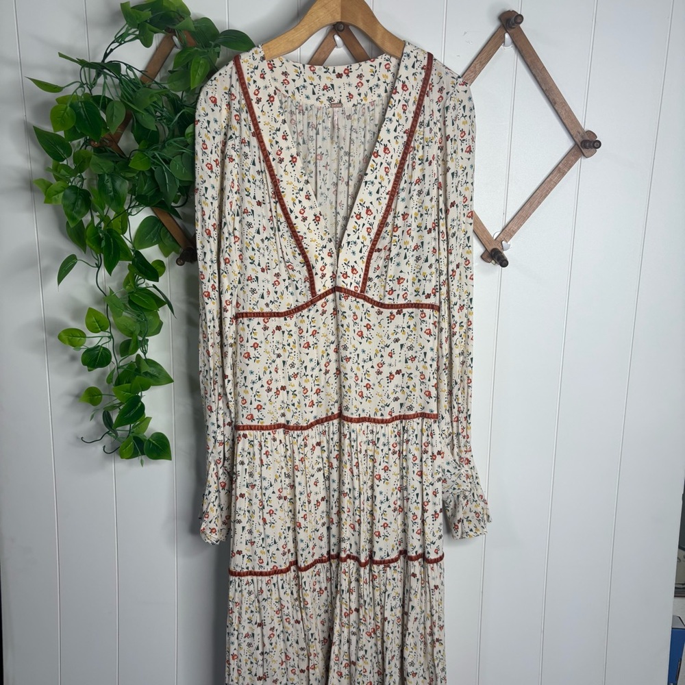 FREE PEOPLE What A Feeling Tiered Floral Long Sleeve Boho Dress Size 10